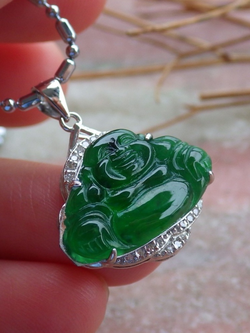 Sterling Silver 925 Natural A Hand Carved Jade Jadeite Icy Green Buddha Pendant